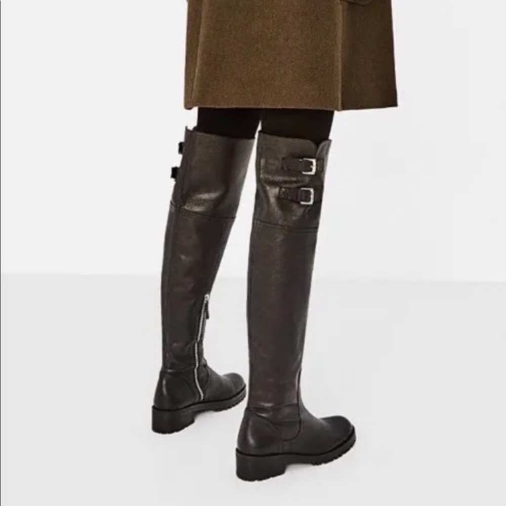 ZARA Leather 2 Buckle Over The Knee Lug Sole Tall Boots